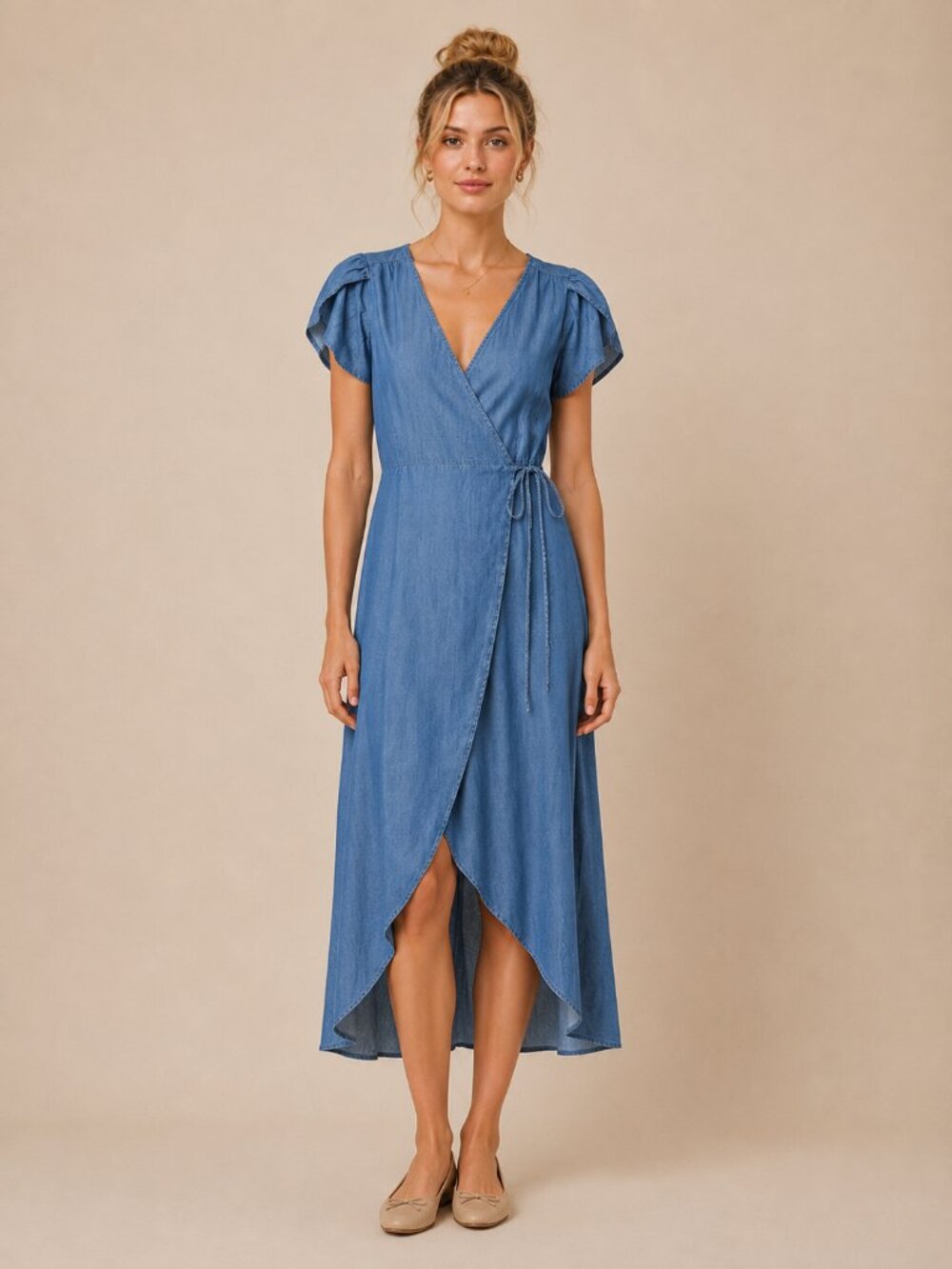 GAP Chambray Wrap Dress Soft Lyocell Look Flutter Sleeve Blue Size XS